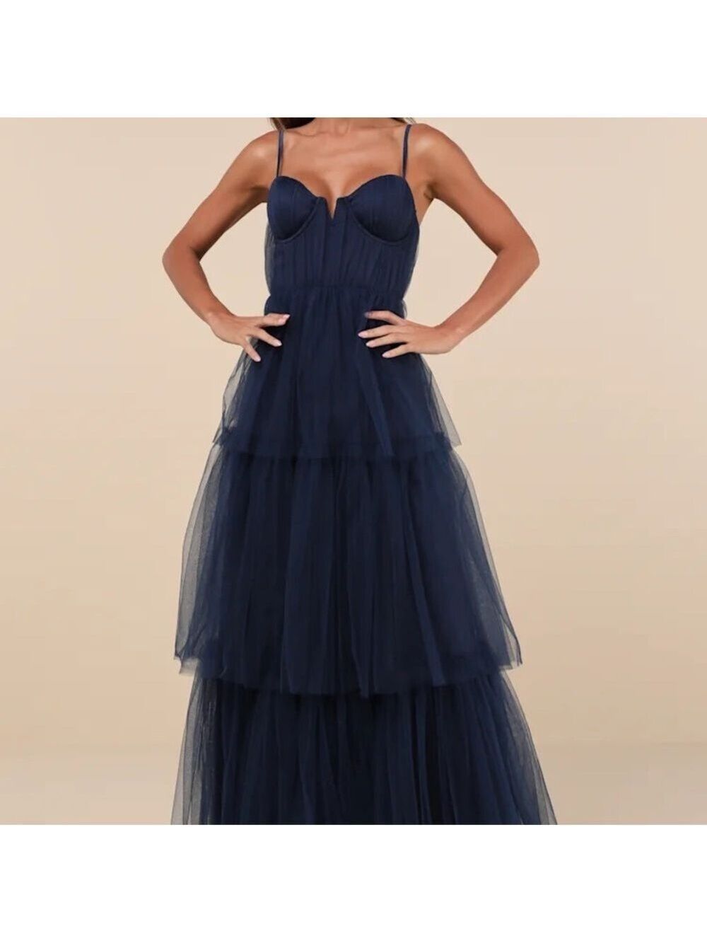 NWOT Lulu’s Unforgettable Poise Navy Tulle Bustier Tiered Maxi Dress - Size L